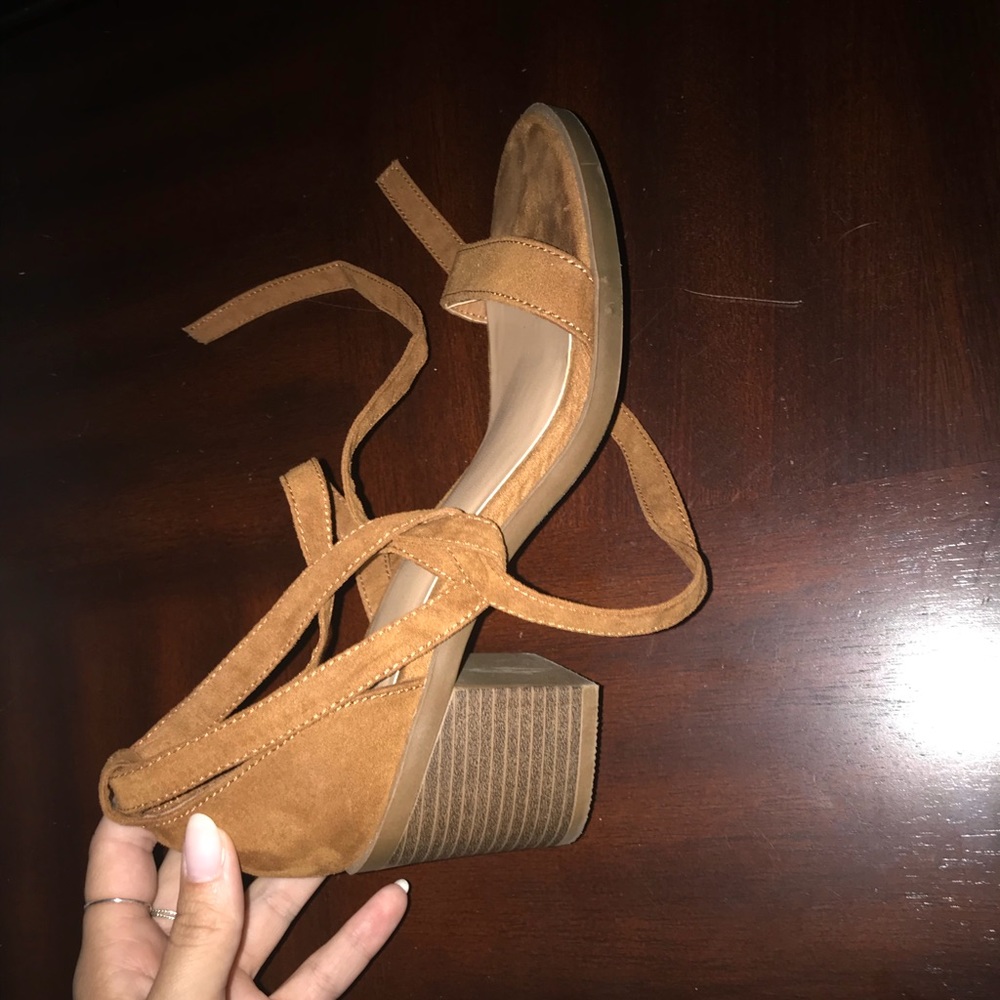 Brown tie up block heels